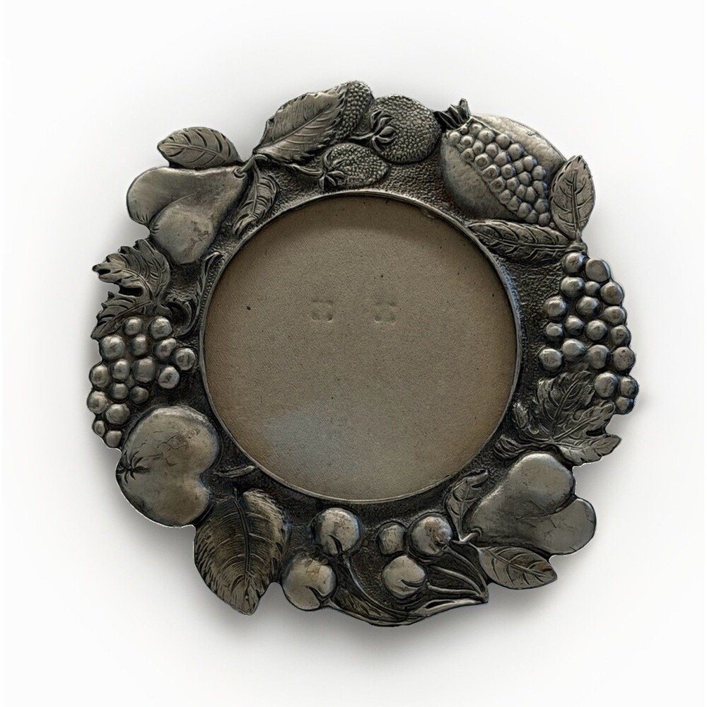 Vintage Round Silver Tone Cast Metal Fruit Picture Frame Made in Taiwan